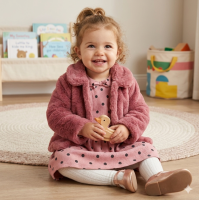 E07969A: Baby Girls Faux Fur Jacket & Polka Dot Dress (9-24 Months)